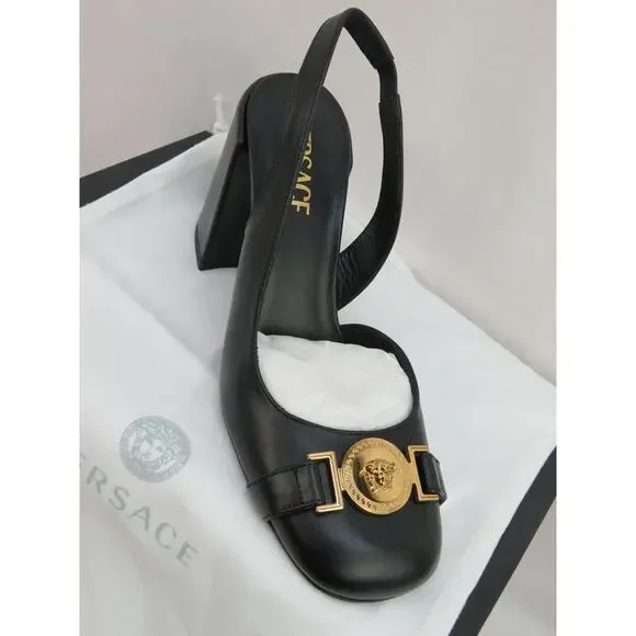 NIB VERSACE BLACK LEATHER GOLD MEDUSA LOGO SANDALS LOW HEEL PUMPS 39 9